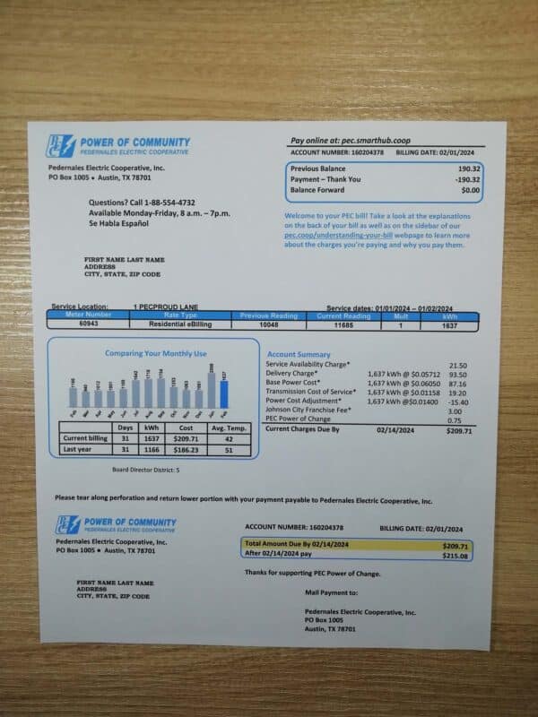 Sample Power of Community Electric Bill Template from Texas – 2025 UX Edition
