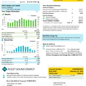 Puget Sound Energy bill template PDF – editable utility statement mockup