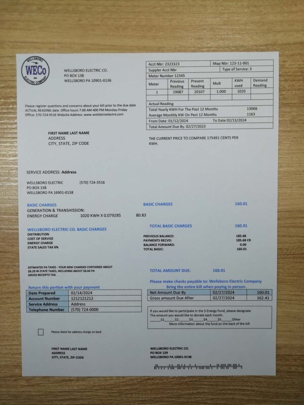 Editable Wellsboro Electric Utility Bill Template – Pennsylvania Sample 2025
