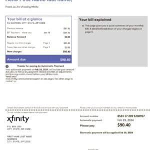 Comcast Xfinity bill template PDF – editable phone and internet statement.