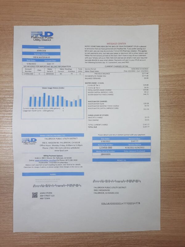 Editable FPUD water bill template – California mock utility file – 2025 version